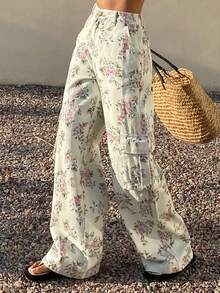 Livesso Fashion Cargo Style High Waist Printed Pocket Casual Women Jeans