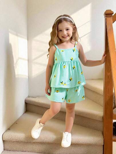 SHEIN Vintaside Kids Girls (Small) Green Plaid Cherry Print Camisole Top And Shorts Set, Refreshing And Comfortable Summer Outfit Lemon Pattern Kids Clothing Girls Mint Green Outfit Kids Checkered Shorts Set Young Girls Summer Shorts Children Two Piece Vest Skirt