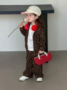 DAZY 2 st set med leopardmönster, tröja och lösa byxor för babyflickor, vår/höst - Brun - Visa 9