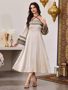 SHEIN Najma 女式方领系带缎面花卉饰边拼接腰部喇叭袖连衣裙 - 香檳色 - 查看 8