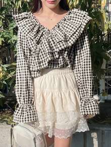 FRIFUL 女士格子棉质多层领荷叶边袖口宽松休闲百搭衬衫 - 黑色 - 查看 6