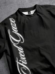 Manfinity ZONE917 宽松短款做旧复古风英文标语白色印花短袖T恤 - 黑色 - 查看 2