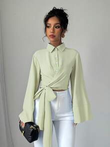 Selianne Women's Solid Color Turndown Collar Single-Breasted Twist Design Fashionable Versatile Daily Long Sleeve Shirt - Mint Green - View 3