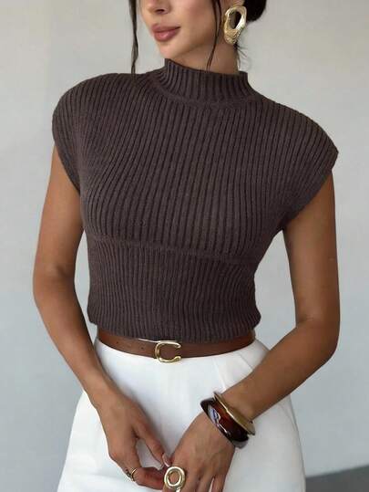 Aloruh Women's Casual Everyday Office Commute Simple Solid Color Stand Collar Dolman Sleeve Fitted Cropped Knit Top