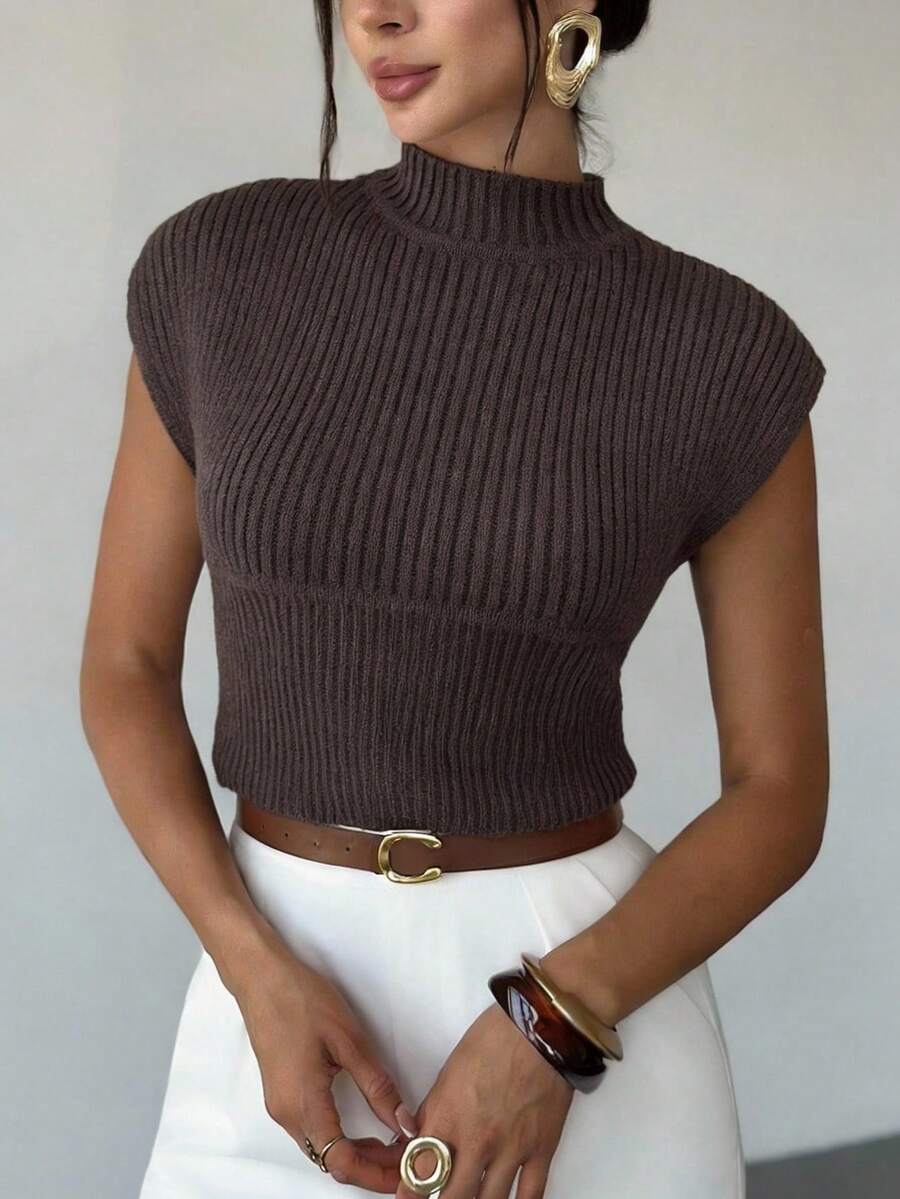 Aloruh 女士休闲日常办公通勤简约纯色立领蝙蝠袖修身短款针织上衣 - 咖啡棕 - 查看 1