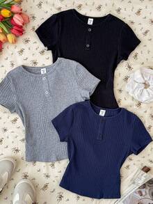 3件套 少女罗纹针织圆领休闲T恤 - 彩色 - 查看 3