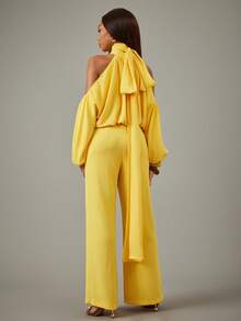 NYA SZN Matching Set (Top & Pant) Top Halter Neck Bubble Hem Long Sleeve Cut Out Crop Top Loose Pant High Waisted Rise Straight Leg Slim Flare Yellow Festive Holiday Spring Break Easter Warm Weather Boho Luxury Chic Event Party Occasion Outfits For Women - Yellow - View 7