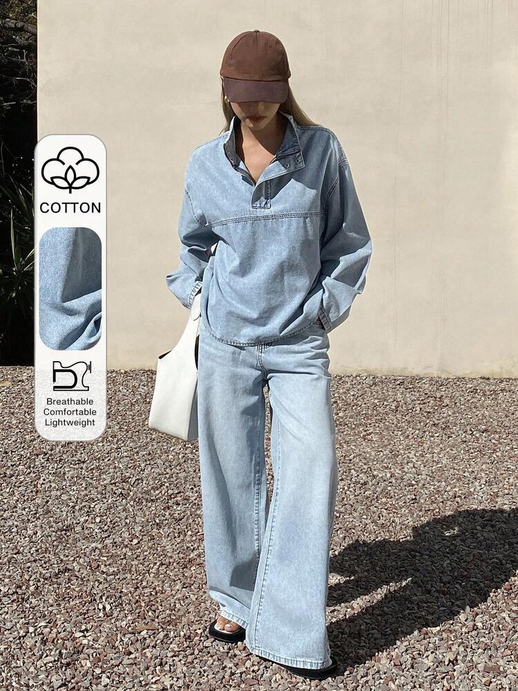 Women's Casual Denim Set: Loose Mandarin Collar Half-Zip Denim Top And Straight-Leg Denim Pants