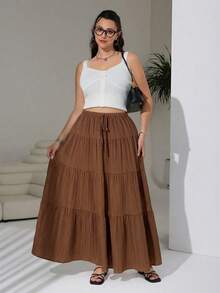 Plus Size Women Casual Everyday Commute Simple Solid Color Drawstring Waist Tiered Hem Skirt, Spring/Summer/Autumn - Brown - View 4