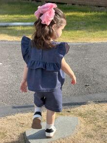 DAZY 女童春夏牛仔风荷叶边无袖上衣短裤两件套 - 藍色 - 查看 2