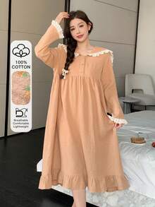 DAZY Sweet Polka Dot Chiffon Fabric Contrast Ruffle Trim Loose Fit Navy Collar Women Nightgown - Khaki - View 3