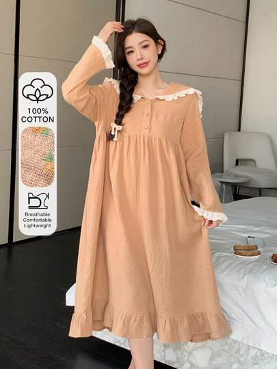 DAZY Sweet Polka Dot Chiffon Fabric Contrast Ruffle Trim Loose Fit Navy Collar Women Nightgown