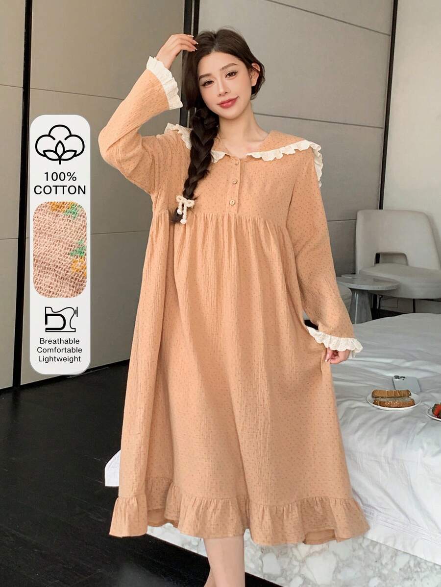 DAZY 甜美波点雪纺面料撞色荷叶边宽松海军蓝领女士睡裙 - 卡其色 - 查看 1