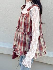 FRIFUL 女士格子棉质吊带背心，肩部系带蝴蝶结，A字下摆和荷叶边装饰，宽松休闲百搭背心 - 彩色 - 查看 5