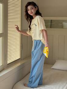 DAZY 2pcs/Set Tween Girls Crew Neck Printed Short Sleeve T-Shirt + Plaid Pajama Pants Loungewear Set, Fall - Beige - View 4