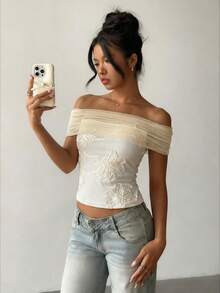 Aloruh Women's Solid Color Mesh Patchwork Embroidered Elegant Off-Shoulder Top - Apricot - View 6