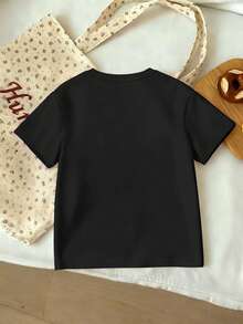 女童字母蝴蝶结印花圆领短袖休闲百搭T恤 - 黑色 - 查看 2