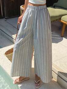 DAZY 女士优雅休闲撞色条纹弹力腰七分裤，卷边裤脚，适合春秋季穿着 - 藍色 - 查看 1