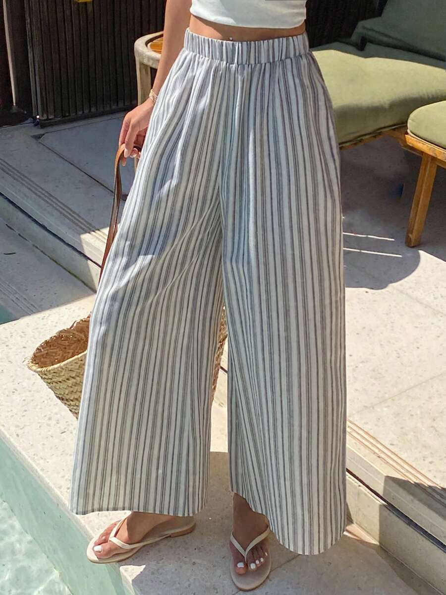 DAZY 女士优雅休闲撞色条纹弹力腰七分裤，卷边裤脚，适合春秋季穿着 - 藍色 - 查看 1