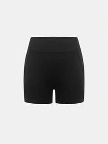Black Athletic Shorts For Tween Girls, Featuring A Creative Paneled Construction With Functional Side Pockets, Made From High-Stretch Comfortable Fabric For Unrestricted Movement, Ideal For Cycling, Jogging, Yoga Sessions, And Versatile Training Activities - Black - View 7