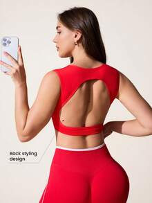 Core Rhythm Women's Solid Color Cutout Back Cropped Sports Tank Top - Red - View 6