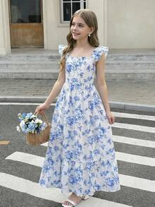 SHEIN 少女优雅休闲度假蓝白碎花短袖连衣裙 - 藍白色 - 查看 2