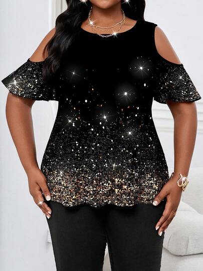 SHEIN Lady Plus Size Women's Casual Glittery Off-Shoulder Round Neck Top, Summer