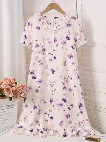 Vestido de cárdigan con cuello de solapa, estampado de corazones y lazos de crepé burbujeado con puños con volantes para niñas, ropa de dormir ligera y cómoda, primavera/verano - Multicolor - Ver 5