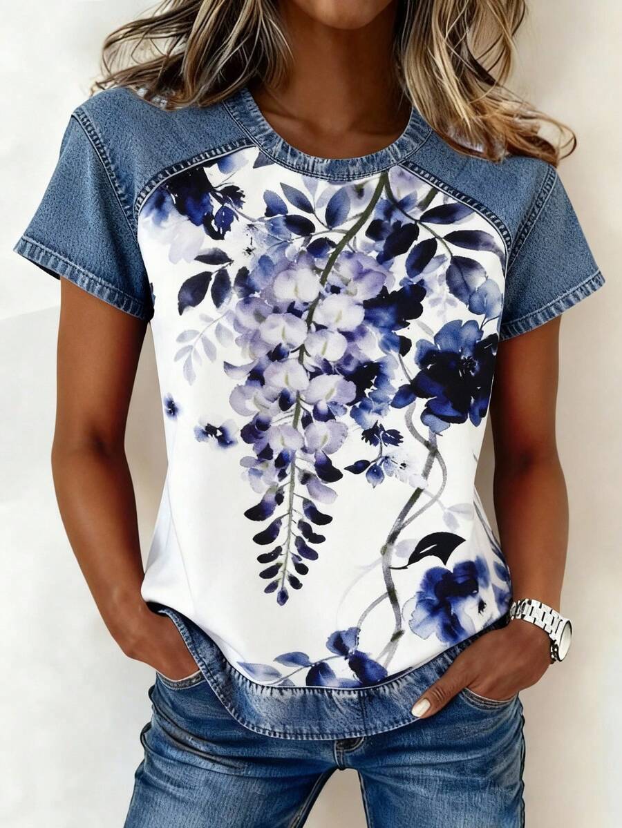 EMERY ROSE Women's Round Neck Patchwork Floral Print Casual Versatile Daily Wear Short Sleeve T-Shirt - Multicolor - View 1