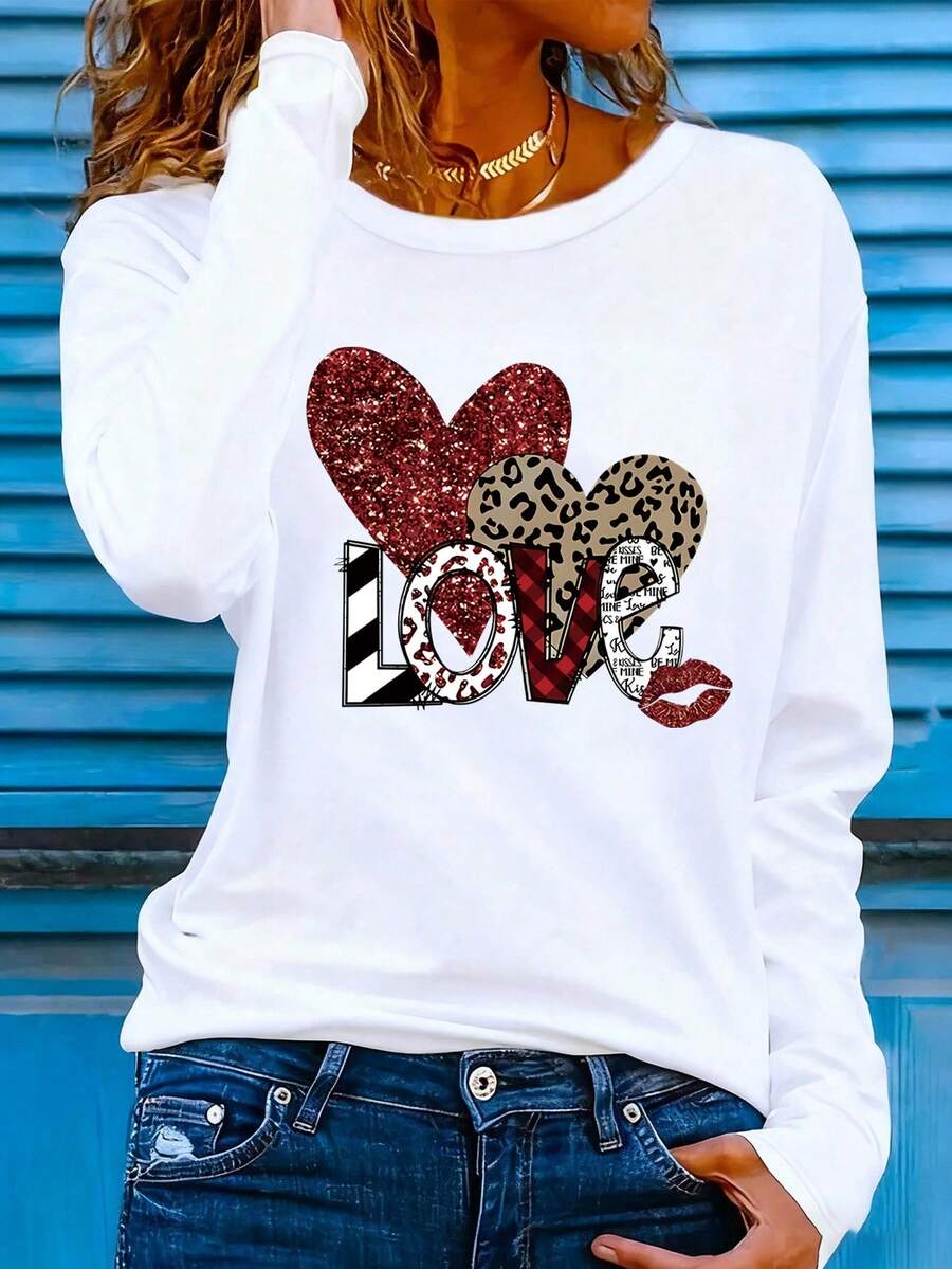 EMERY ROSE 1pc Women'S Casual Crew Neck Long Sleeve T-Shirt With Love Heart & Leopard Print,Regular Length, Alphabet Pattern, Fashionable Everyday Wear For Spring/Fall - White - View 1