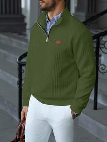 Manfinity CasualCool 男士休闲纯色纹理拉链立领卫衣，男士秋季新款纯白色简约休闲拉链套头卫衣，男士穿搭，日常通勤、旅行百搭单品 - 軍綠色 - 查看 6