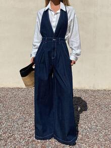 DAZY 女士露背系带深V领牛仔连体裤 - 深色水洗藍 - 查看 5