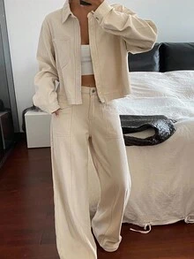 Dazy Tall Women's Casual Denim Suit With Collared Cardigan Top And Straight Leg Pants - Khaki - View 7