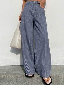 Livesso Women's Loose Casual Straight Leg Jeans, Fashionable Striped Design For Business Casual Office Wear, Spring/Summer - Dark Wash - View 4