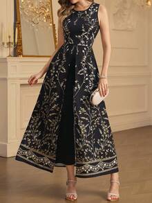 Ellevyn Women's Elegant Vacation Printed Wrap-Style Round Neck Jumpsuit  From Spring To Summer  Fasching Women Costume  Saudi Arabian National Day Attire - Black - View 2