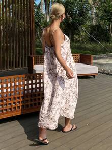 DAZY 度假风线条画植物印花无袖A字长款女士睡裙 - 粉色 - 查看 2