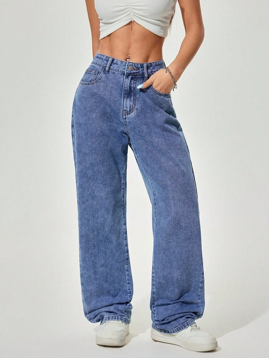 Flexra Solid Color Slant Pocket Casual Versatile Straight Leg Jeans - Blue - View 1