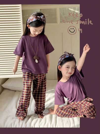 DAZY Young Girl Summer Comfortable Solid Color Short Sleeve T-Shirt And Plaid Pants Pajama Set