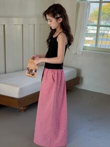 DAZY Tween Girl Solid Color Camisole And Plaid Wide Leg Pants Pajama Set Summer - Black - View 8