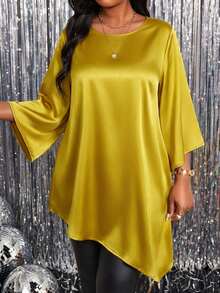 SHEIN Lady Plus Size Elegant Asymmetric Hem Solid Color Shirt, Autumn Spring To Summer Elegant Blouses For Ladies Elegant Women's Blouses Elegant Women's Blouses Shiny Top  Valentine Clothes Valentine's Day Wedding Elegant Dresses For Women Elegant Dresses For Women Wedding Guest Dress Elegant Party Dresses - Yellow - View 5
