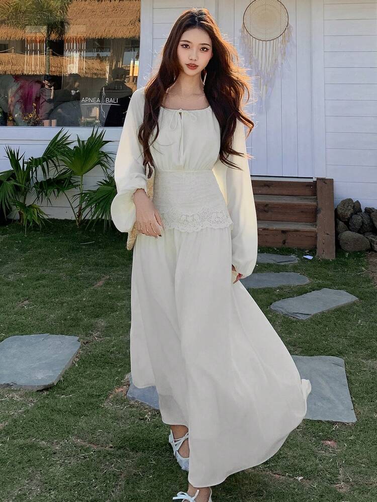 Women's Round Neck Lace Patchwork Korean Style Chiffon Blouse And Casual Korean Style Mid-Length Dress Set Sundress