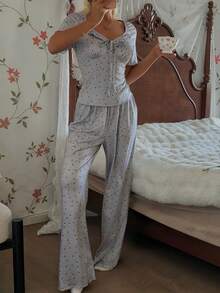 SHEIN Romantic V-Neck Ruffle Splice Black Polka Dot Print Grey Short Sleeve Pajama Set - Light Grey - View 3