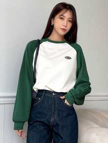 DAZY Letter Patched Colourblock Raglan Sleeve Tee - Dark Green - View 3