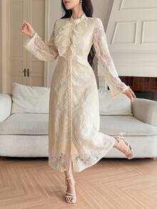 DAZY 女士优雅蕾丝领荷叶边长裙，春夏款