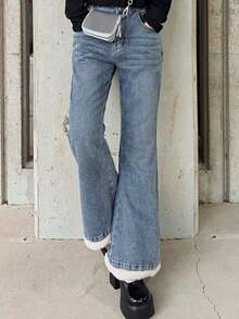 FRIFUL Jeans acampanados de mujer con lavado y deshilachado casual - Azul - Ver 6