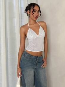 SHEIN Glamour 亮片装饰性感露背系带吊带背心，女士夏季款 - 白色 - 查看 1