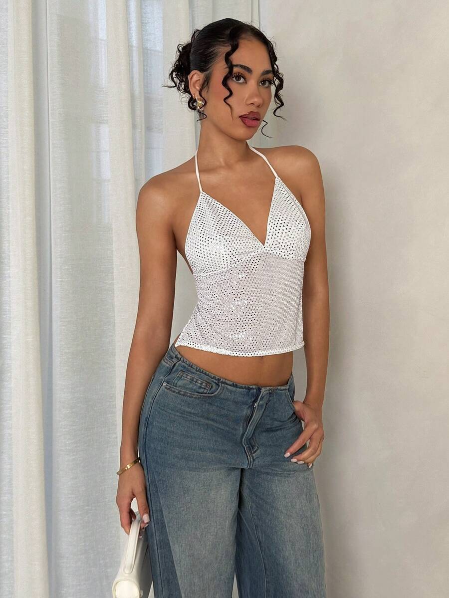 SHEIN Glamour 亮片装饰性感露背系带吊带背心，女士夏季款 - 白色 - 查看 1