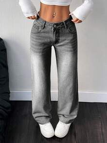 SHEIN PETITE Women's Low Waist Casual Loose Fit Jeans - Grey - View 4