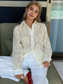 DAZY Blusa casual de vacaciones con mangas largas, plisada y con volantes en el bajo, de unicolor y estampado jacquard, para primavera/verano - Beis - Ver 5