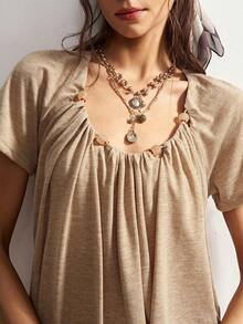 Bohemela 女士夏季休闲舒适度假复古波西米亚音乐节燕麦色针织串珠褶皱小众设计宽松圆领T恤，Fasching服装 - 杏色 - 查看 8